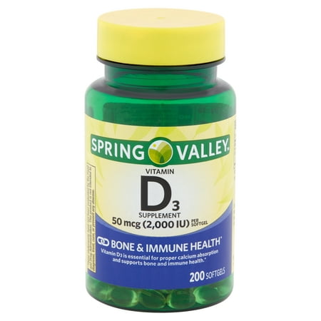 Spring Valley Vitamin D3 Supplement Softgels, 50 mcg, 200