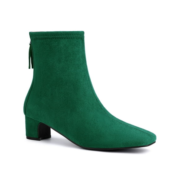 BLISSFUL STEP Women's Ankle Boots Faux Suede Low Chunky Heel Square Toe Back Zip Boots Green 6