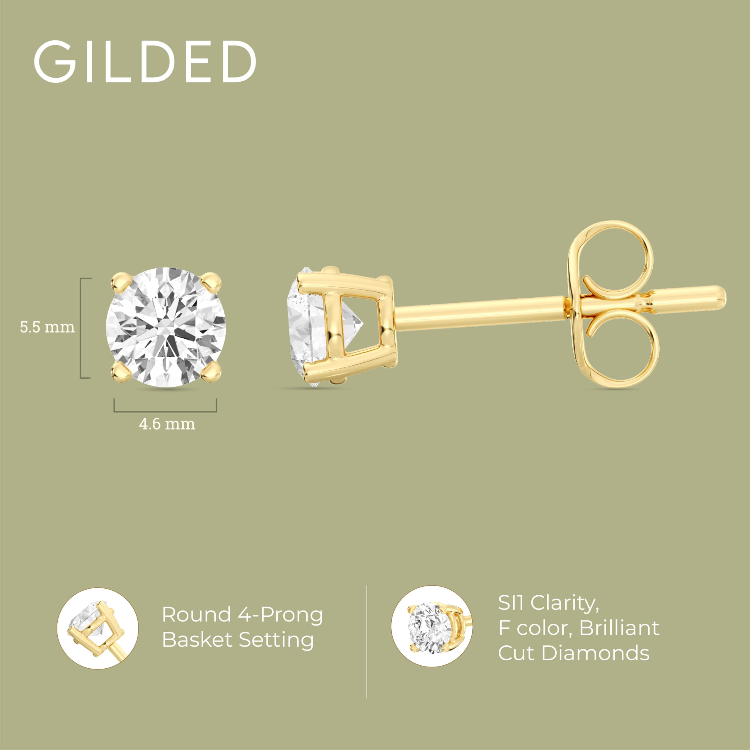 Gilded 1 Carat Total Weight Lab-Grown Diamond 10KT Yellow Gold Stud Earrings for Women | Hypoallergenic Fine Gold Jewelry | 4-Prong Basket, Push Back Nut | SI1 Clarity, F Color, Round Cut