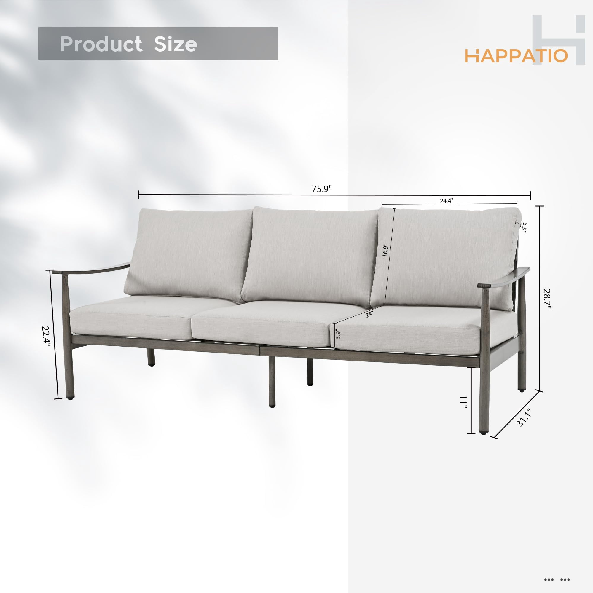 Patio Furniture Aluminum 3 Seats Sofa Outdoor Couch with Thick Cushion and Rope Backrest