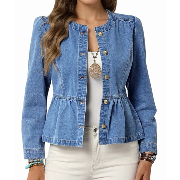 Women'S Peplum Denim Jackets Collarless Round Neck Button Down Cropped Ruffle Hem Jacket Blue M