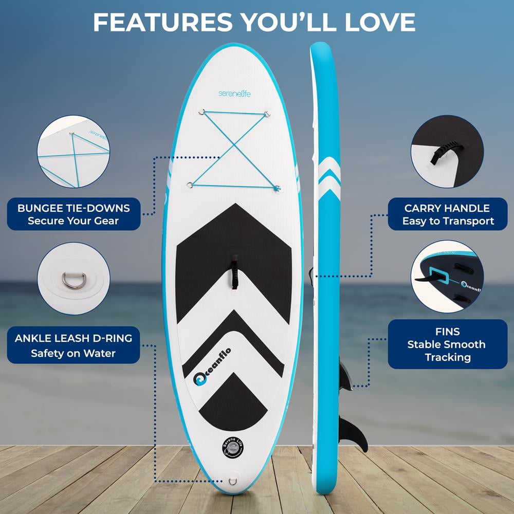 SereneLife 7'9" Kids Inflatable Stand Up Paddle Board - SUP for Youth with Single-Action Pump, Adjustable Paddle & Backpack - 30 Wide Stable Design with Non-Slip EVA Deck Pad, Ages 5+, 200lb Capacity