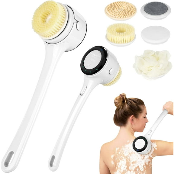 Electric Body Brush Back Scrubber for Shower, Auto Spinning Exfoliating Massage Bath Brush Rechargeable, Dual Long Handle, 4 Speeds, Waterproof, with 5 Brush Heads, for Cleansing, Exfoliating
