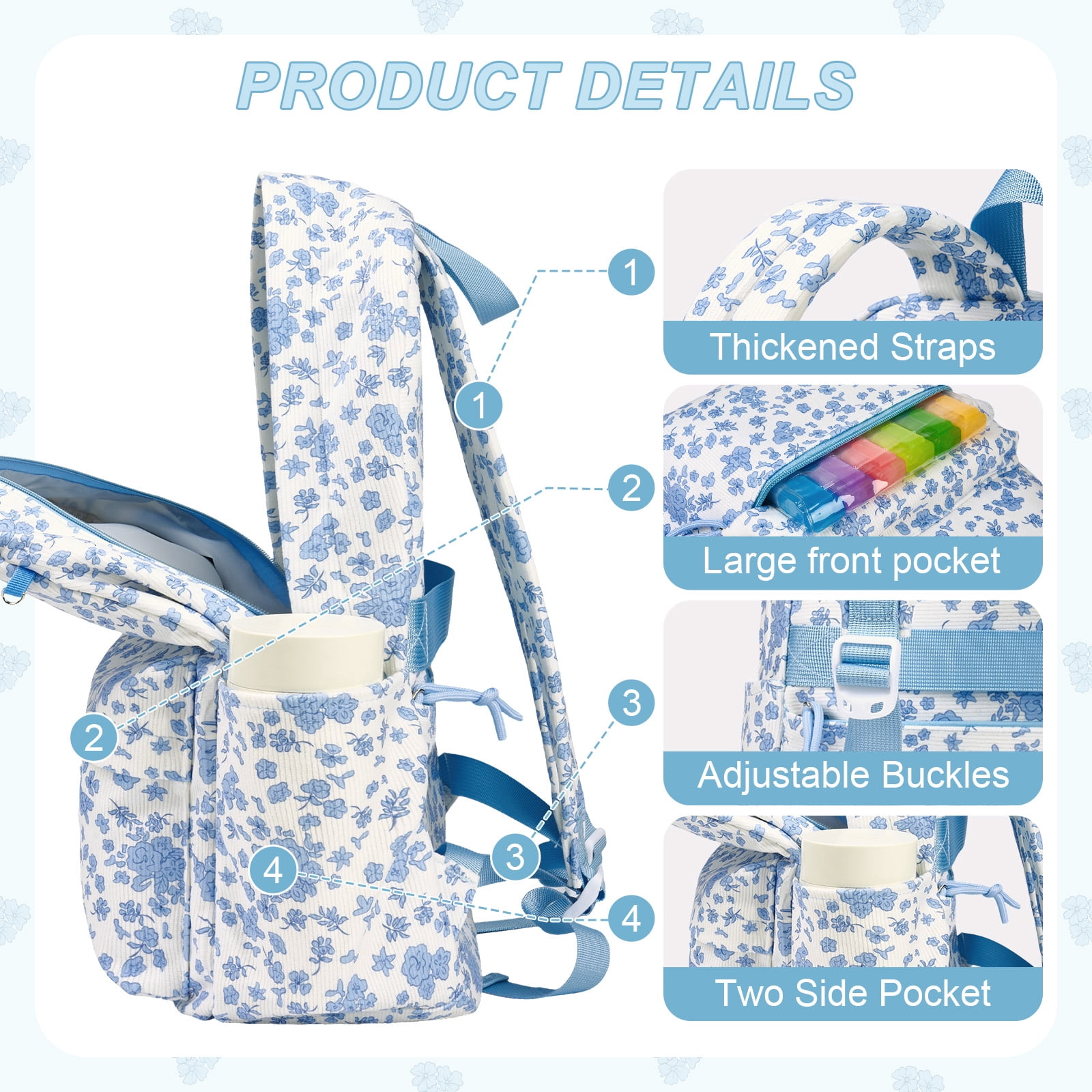 DAKIMOE School Backpack Large Capacity Bookbag Water-Resistant Laptop Backpacks for Teen adults, Lightweight Travel Daypack for Women Middle School College Blue Flower