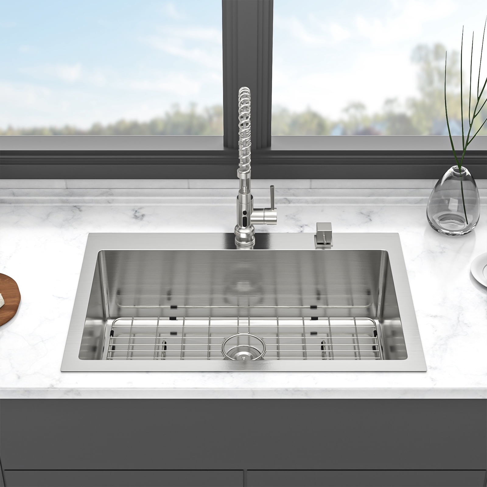 Izzovium 30x22 Inch 16 Gauge Stainless Steel Single Bowl Topmount Kitchen Sink, Brushed Nickel Finish with Soundproof Pad & Drain Assembly, Drop-In Design for Easy Installation