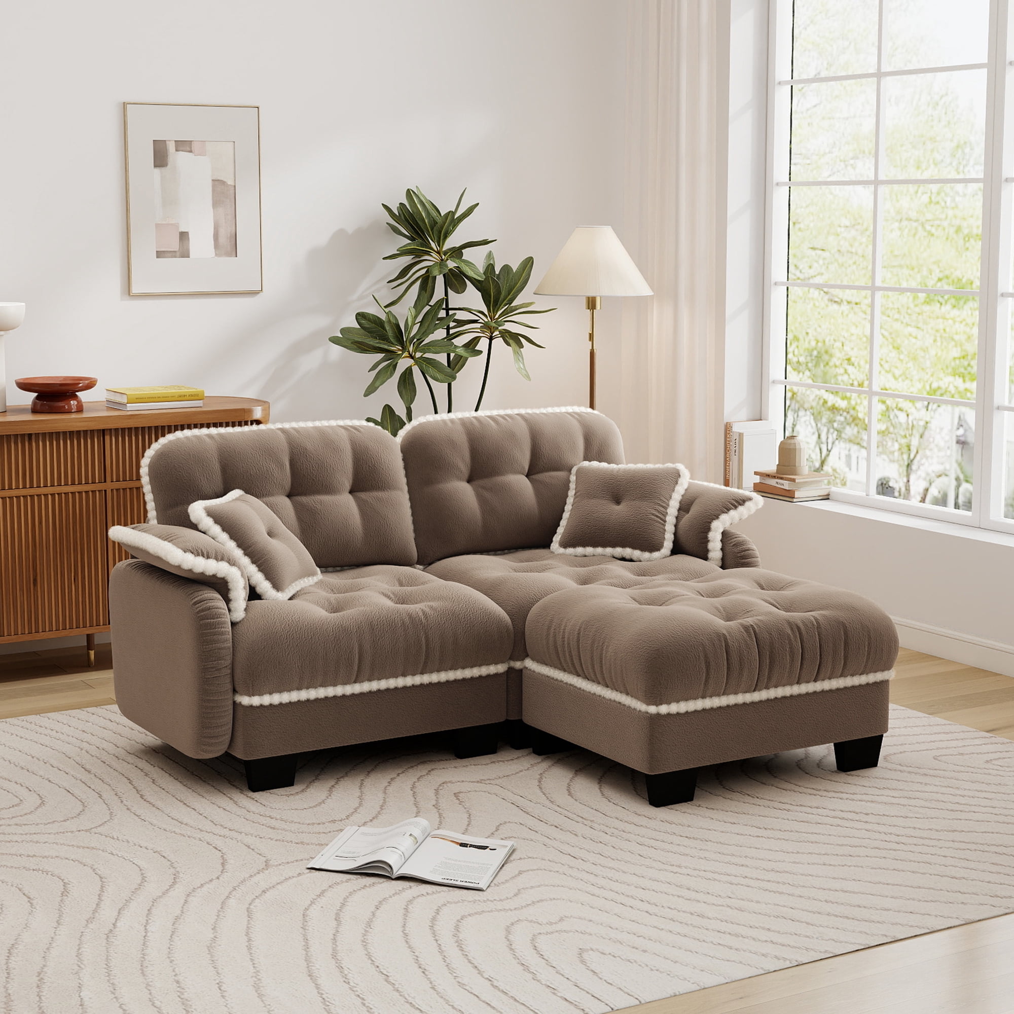 Aenkyo 70" Chenille Modular L-Shaped Sectional Sofa with Movable Ottoman, 23.8" Deep Seat, Camel