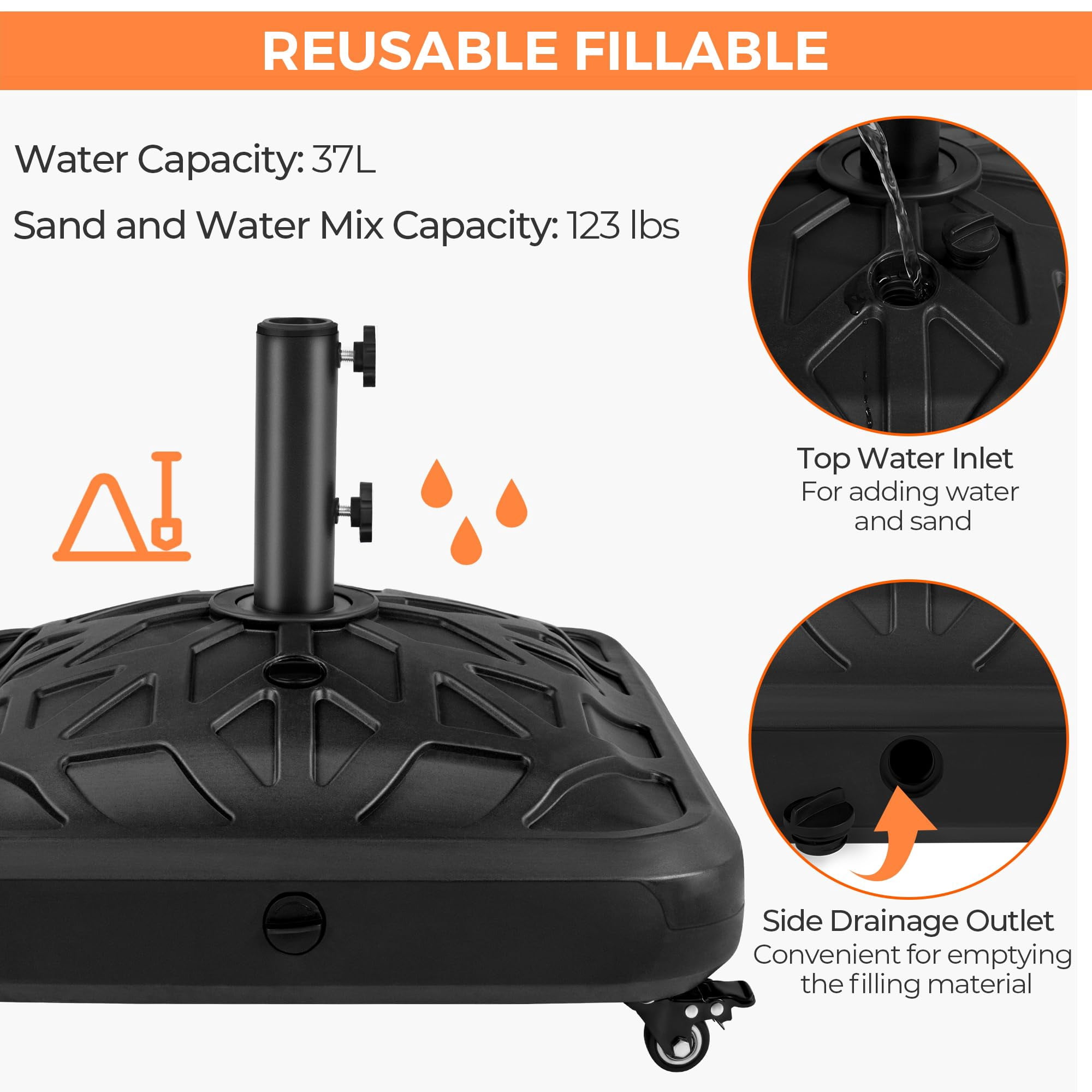 Fillable Mobile Patio Umbrella Base, 123lb Windproof Heavy Duty Market Stand with 4 Wheels and 4 Locks, for Deck Poolside Garden, Black
