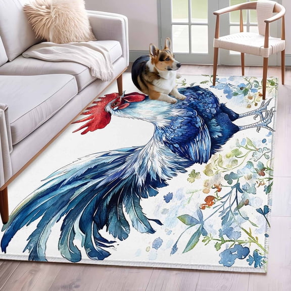 Blue Vintage Rooster Area Rug 4x6 Washable Rug Non Slip Spring Floral Elegant Animals Large Area Rug Indoor Floor Carpet for Entryway Bedroom Kitchen Living Room Home Office Dining Room Nursery