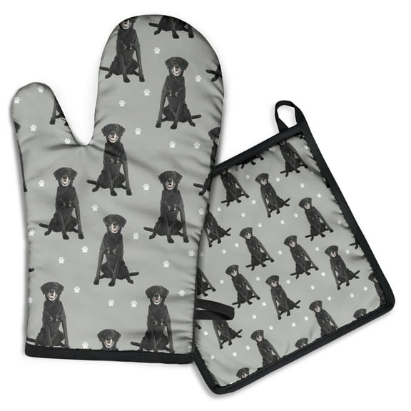 Black Labrador Kitchen Oven Mitt and Pot Holder Sets 2 Pcs for Baking, Cooking and Grilling, Heat Resistant Up To 392 °F