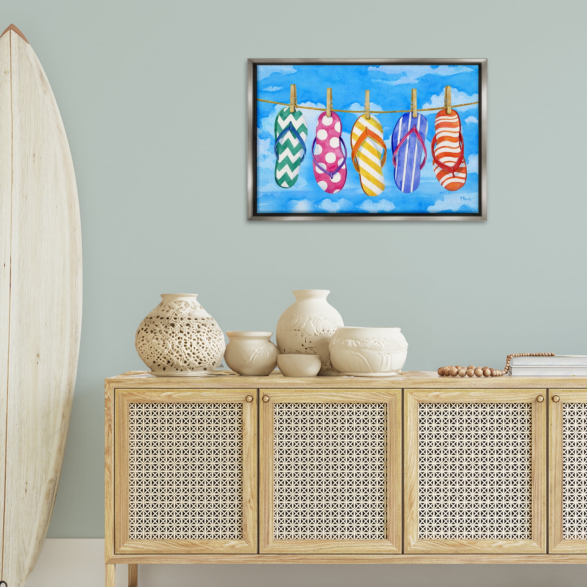 Stupell Industries Flip Flops on Clothesline Beauty & Fashion Painting Gray Floater Framed Canvas Art Print Wall Art, 31 x 21