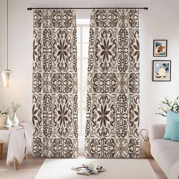 Brown Flowers Blackout Curtains for Bedroom/Living Room, Pinch Pleated Black Out Curtains, Vintage Country Abstract Floral Patterned Room Darkening Window Drapes with Hooks 2 Panels, 39"x70"