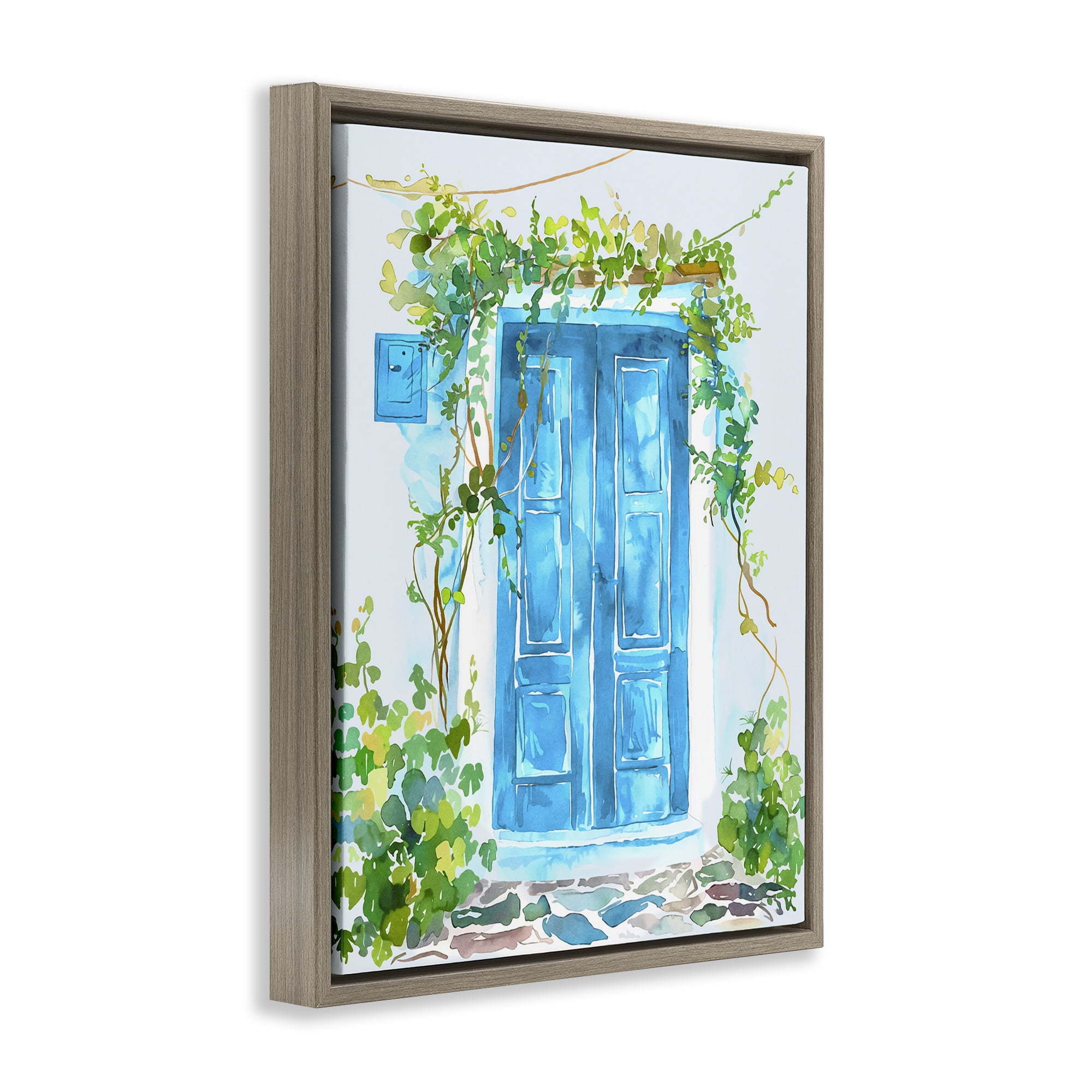 Stupell Industries Blue Vine Covered Door Scenery Painting Brown Floater Framed Art Print Wall Art, 17 x 21