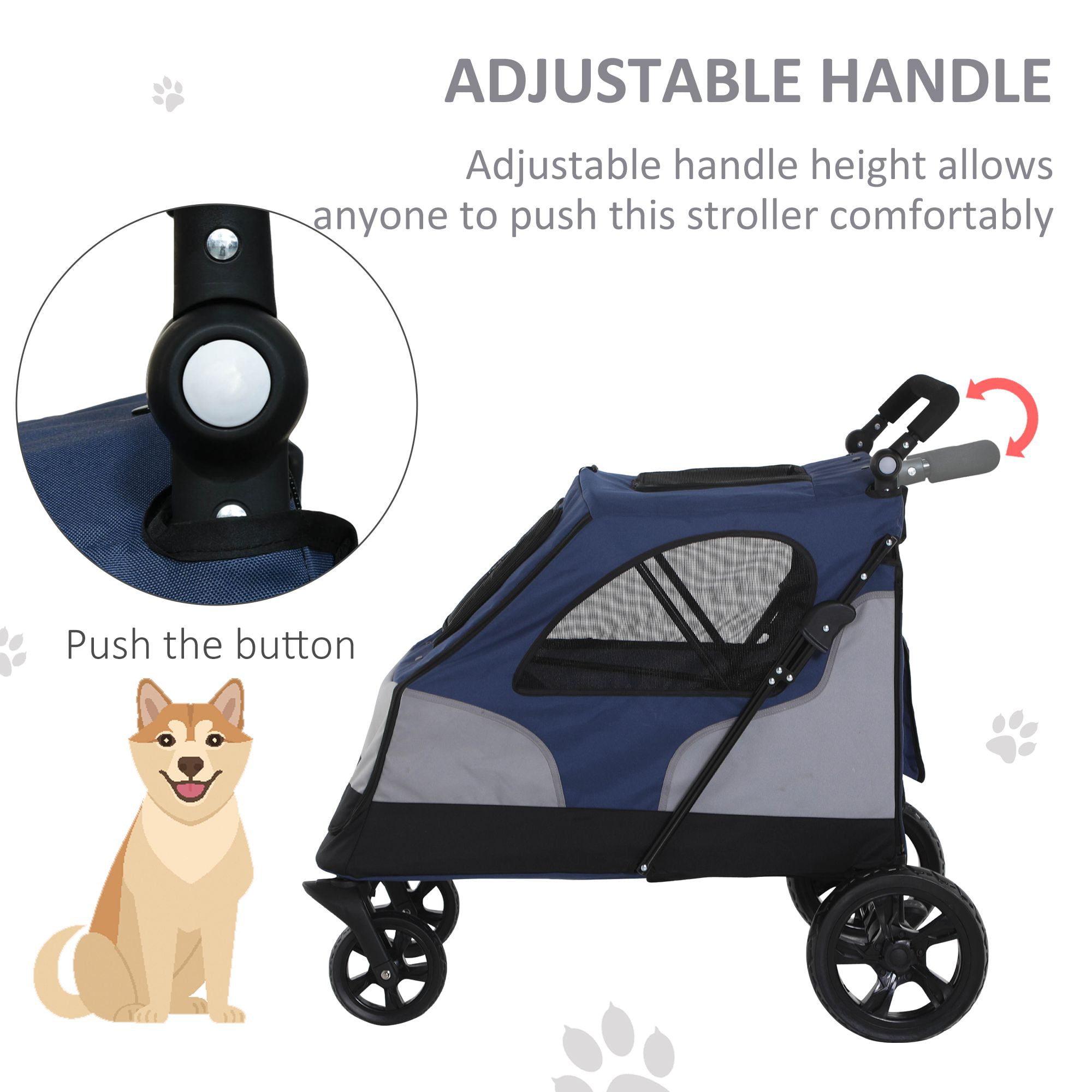 PawHut Pet Stroller Foldable Dog Cat Travel Carriage with Adjustable Handlebar Rear Door EVA Wheel Brake Storage Bag Mesh Window Safety Leash 
