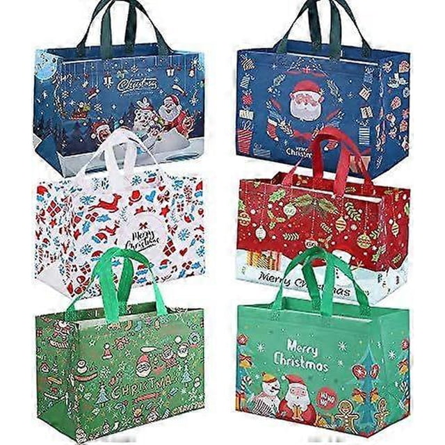 Christmas Tote Bags, 6 Pack Gift Bags with Handle Reusable Festive Grocery Shopping Bags for Christmas Party