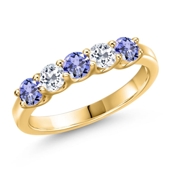 Gem Stone King 18K Yellow Gold Plated Silver Blue Tanzanite and White Topaz Wedding-Bands Ring for Women | 0.97 Cttw | Round 3.5MM | Gemstone December Birthstone | Size 5