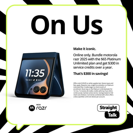 Straight Talk Motorola Razr 2025 Bundle with Platinum Unlimited 30-Day Plan, 5G, 256GB, Blue - Prepaid Smartphone