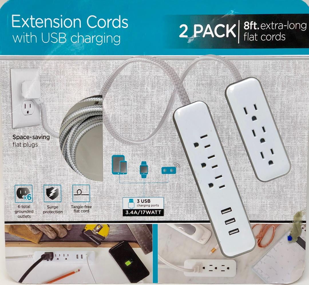 Jasco Extension Cords With USB Charging 2 Pack - 8 Feet Flat Cord- NEW