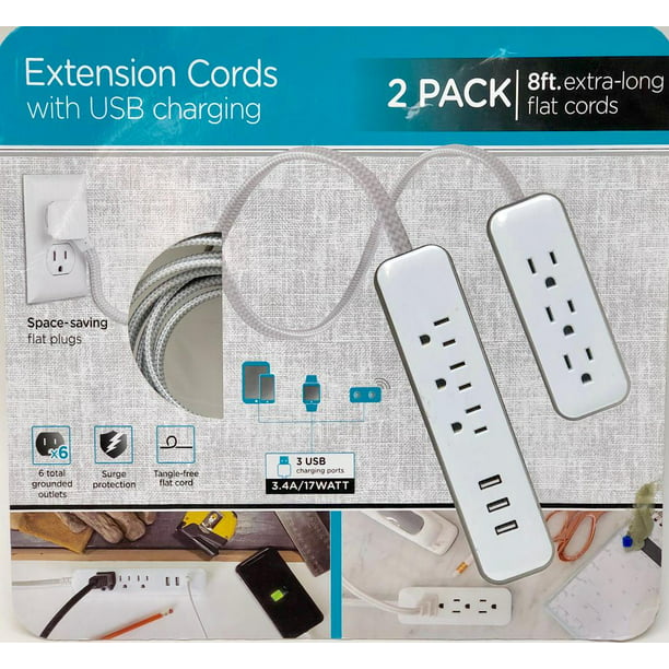 Jasco Extension Cords USB Charging 2 Pack - 8 Feet Flat Cord- NEW -