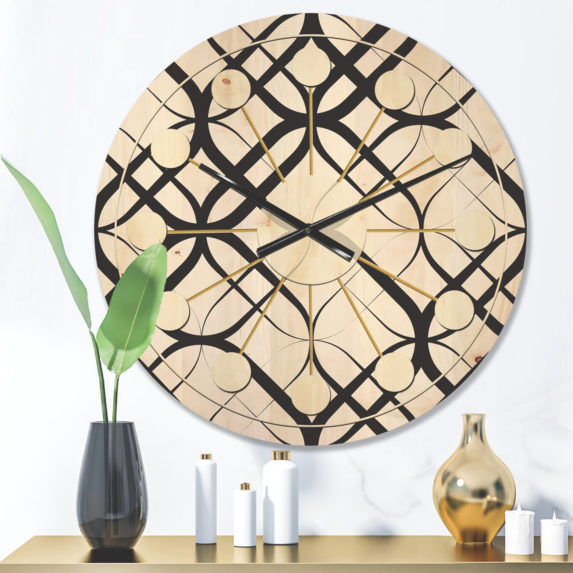 Designart 'Black and White Geometric Pattern III' Mid-Century Modern Wood Wall Clock