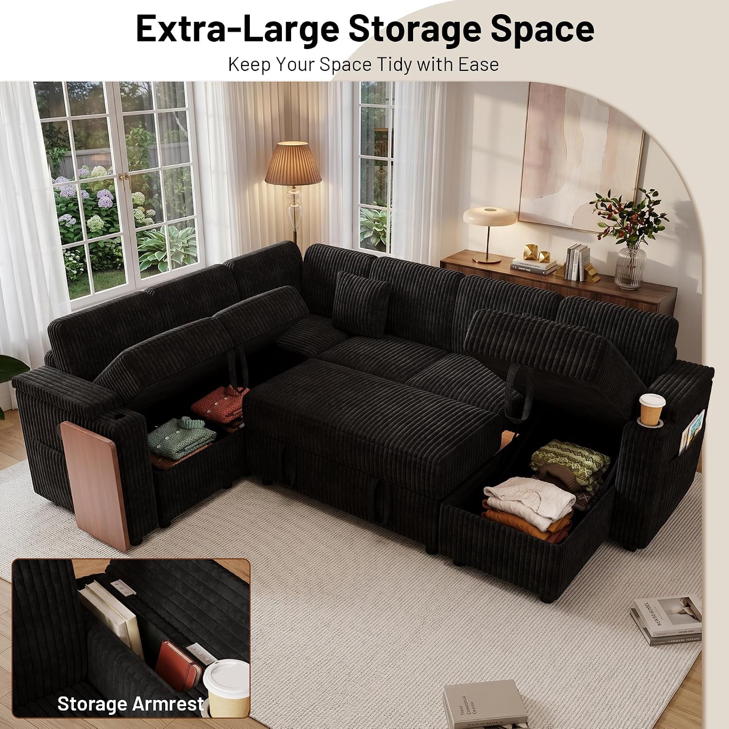 Howcool 100" U-Shaped Modular Sectional Sleeper Sofa, 7-Seat Cloud Couch with Pull-Out Bed, Storage Chaise, USB Ports, Cup Holder & Side Table, Corduroy Sofa Bed for Living Room, Black