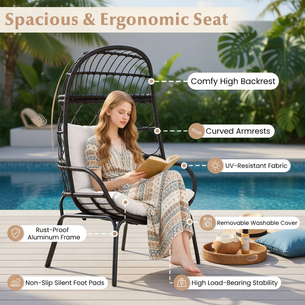 Hommoo Outdoor Wicker Egg Chair with Beige Cushions, PE Rattan Lounge Basket Chair for Patio, Backyard & Poolside, Ergonomic Design, Brown