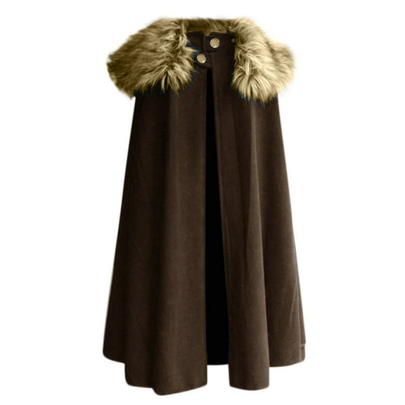 Hfyihgf Cloak Coat for Men Winter Warm Gothic Wool Faux Fur Collar Long Cape Cloak Coats Vintage Fleece Cardigan Jacket Outwear(Brown,L)