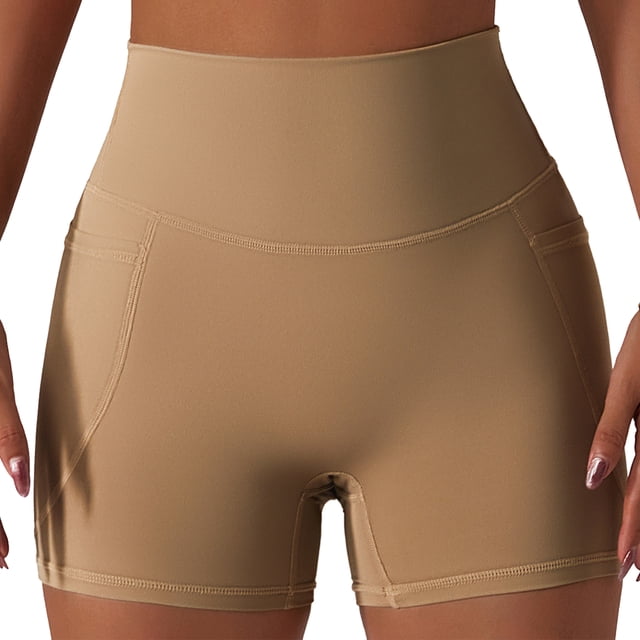 Pantalones cortos de yoga para mujer Medias deportivas de cintura alta Leggings de entrenamiento de secado rápido para mujer con bolsillos para correr Fitness Marrón S