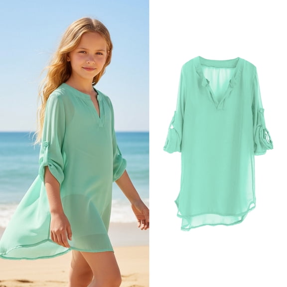 Teen Girls Swim Suit Cover Up Crew Neck Green Chiffon Cover Up Girls Swim Dresses Girls Bathing Suit Cover Up Size 10-11 Years