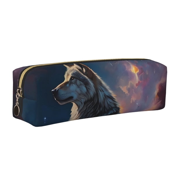 Easygdp Night Sky Wolf para Estuche de Lápices de Cuero, Estuche de Papelería de Cuero, Estuche de Gran Capacidad con Cremallera