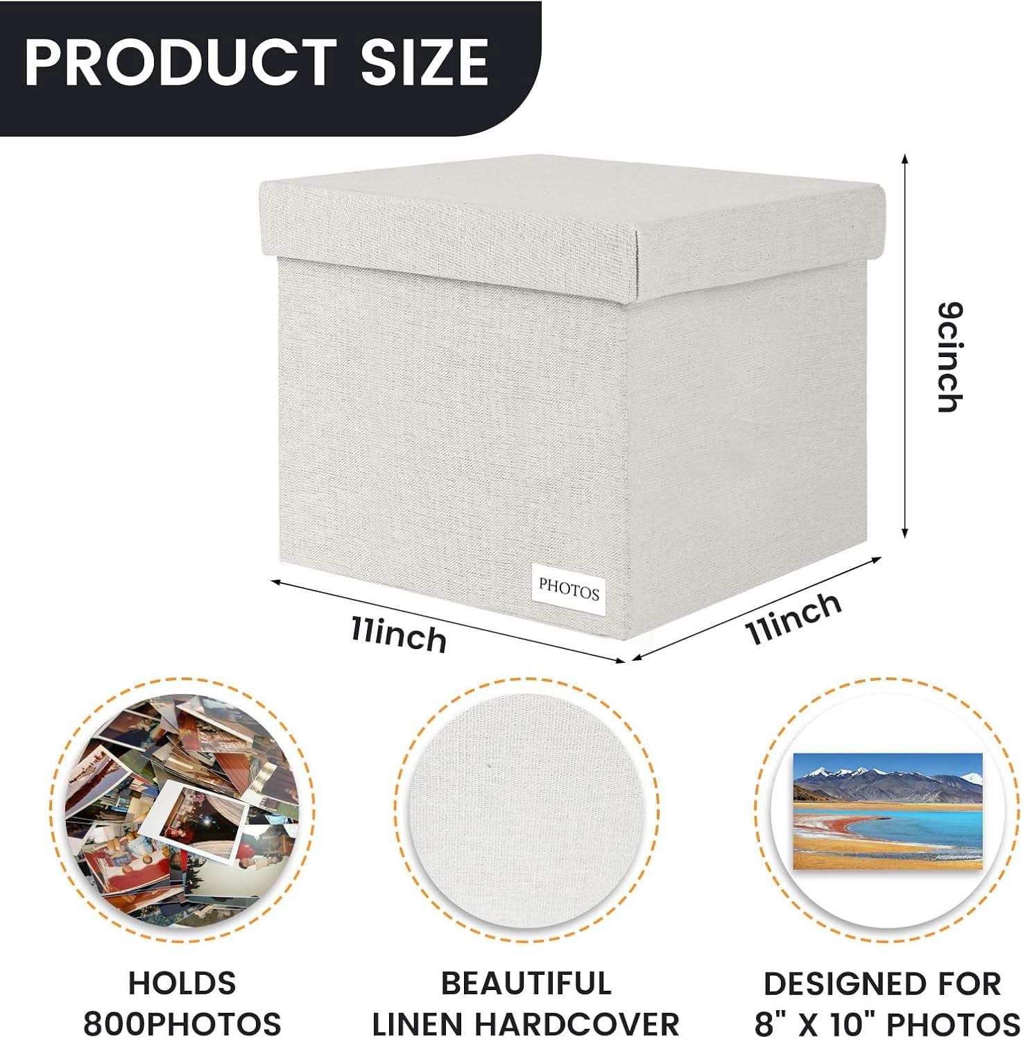Decorative Photo Storage Box - Linen Photo Box Organizers with Dividers, Portable Scrapbook Storage Containers with Lid (Beige)