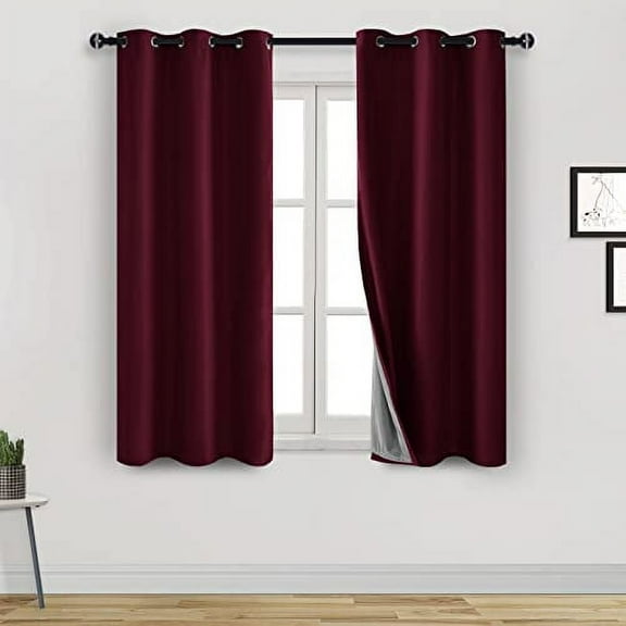 DWCN 100% Short Blackout Curtains 2 Panels Room Darkening Noise Reducing 2 Thick Layers Window Treatment Sound Proof Draperies for Living Room and Bedroom (Burgundy,42"W x 45"L)