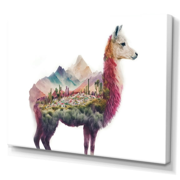 Designart Double Exposure Of A Llama With Nature Landscape Canvas Wall Art