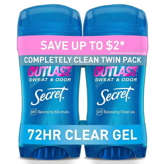 Secret Outlast Antiperspirant Deodorant for Women, Clear Gel, Completely Clean, 2.6 oz Each, Twin Pack