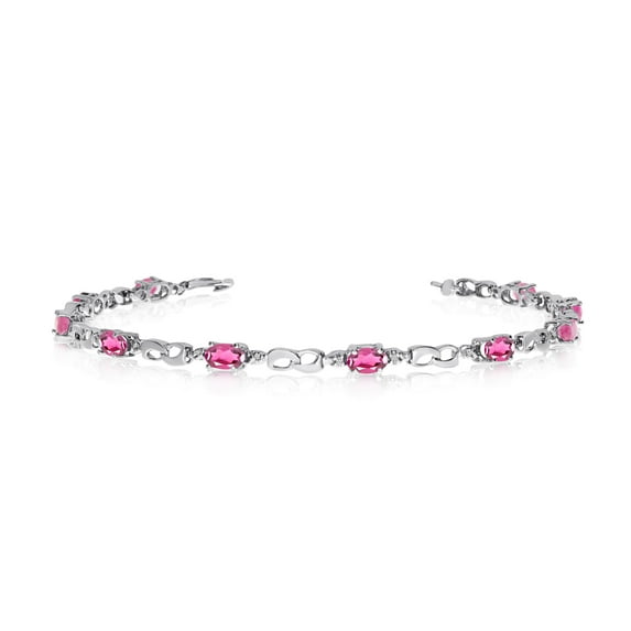 10K White Gold Oval Pink Topaz and Diamond Link Bracelet