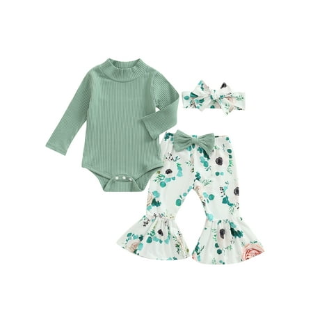 

Suanret 3Pcs Infant Baby Girls Clothes Sets Rib Long Sleeve Turtleneck Romper + Floral Flared Trousers + Headband Green 3-6 Months