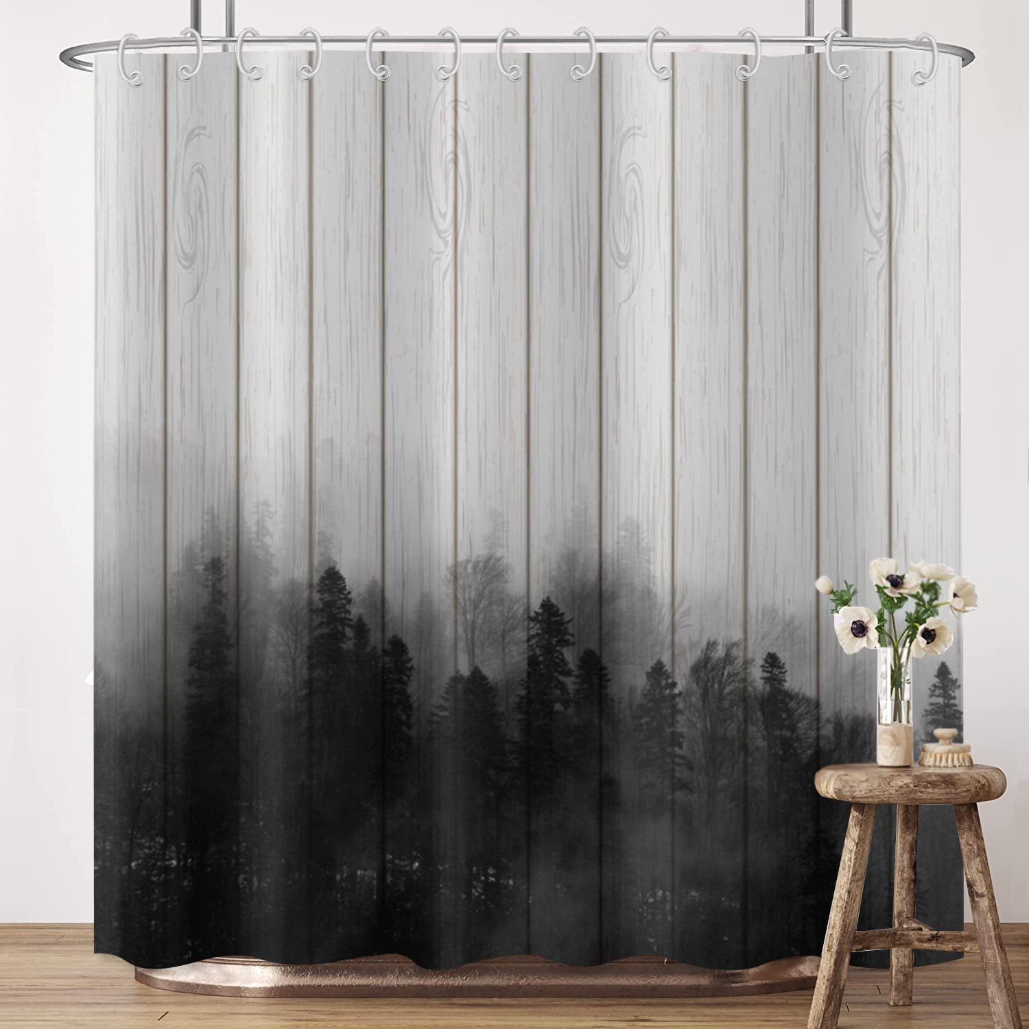 Misty Forest Shower Curtain Nature Foggy Pine Tree Woodland Landscape Farmhouse Wooden Board