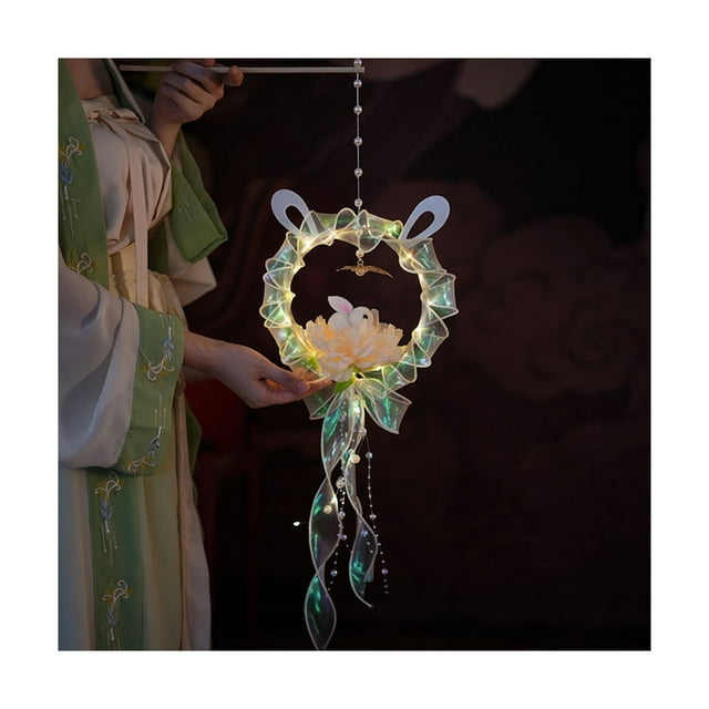 Handmade DIY Chinese Lantern with Ribbon Mid-Autumn Festival Colorful Luminous Rabbit Lantern Hanging Pendant