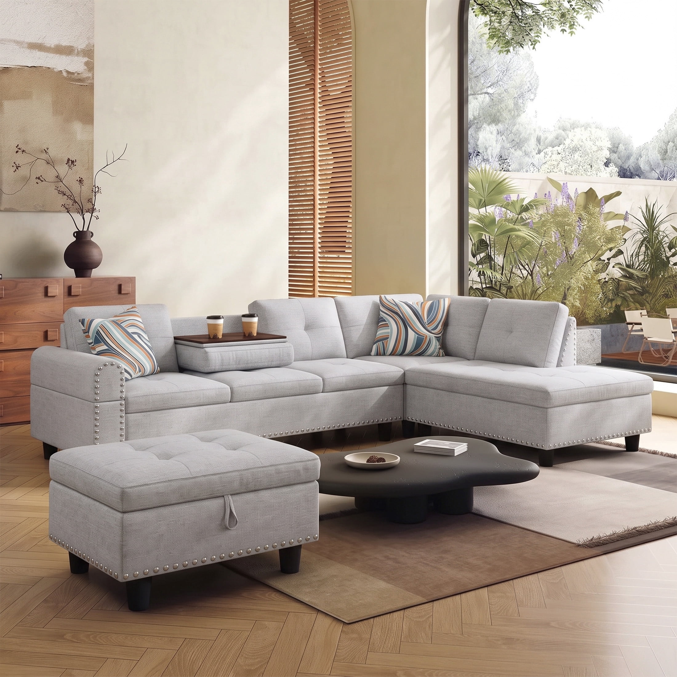 AENKYO 98" L-Shaped Sectional Sofa with Reversible Chaise, Storage Ottoman & Cup Holders, Flannel, Light Gray
