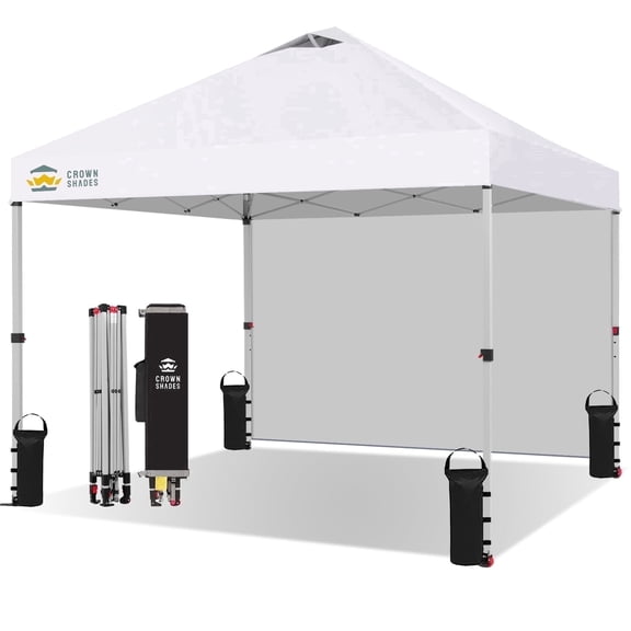 CROWN SHADES 10'x10' Instant Canopy Tent with 1 Sidewall with One Push Setup Sun Shelter for Events Parties White