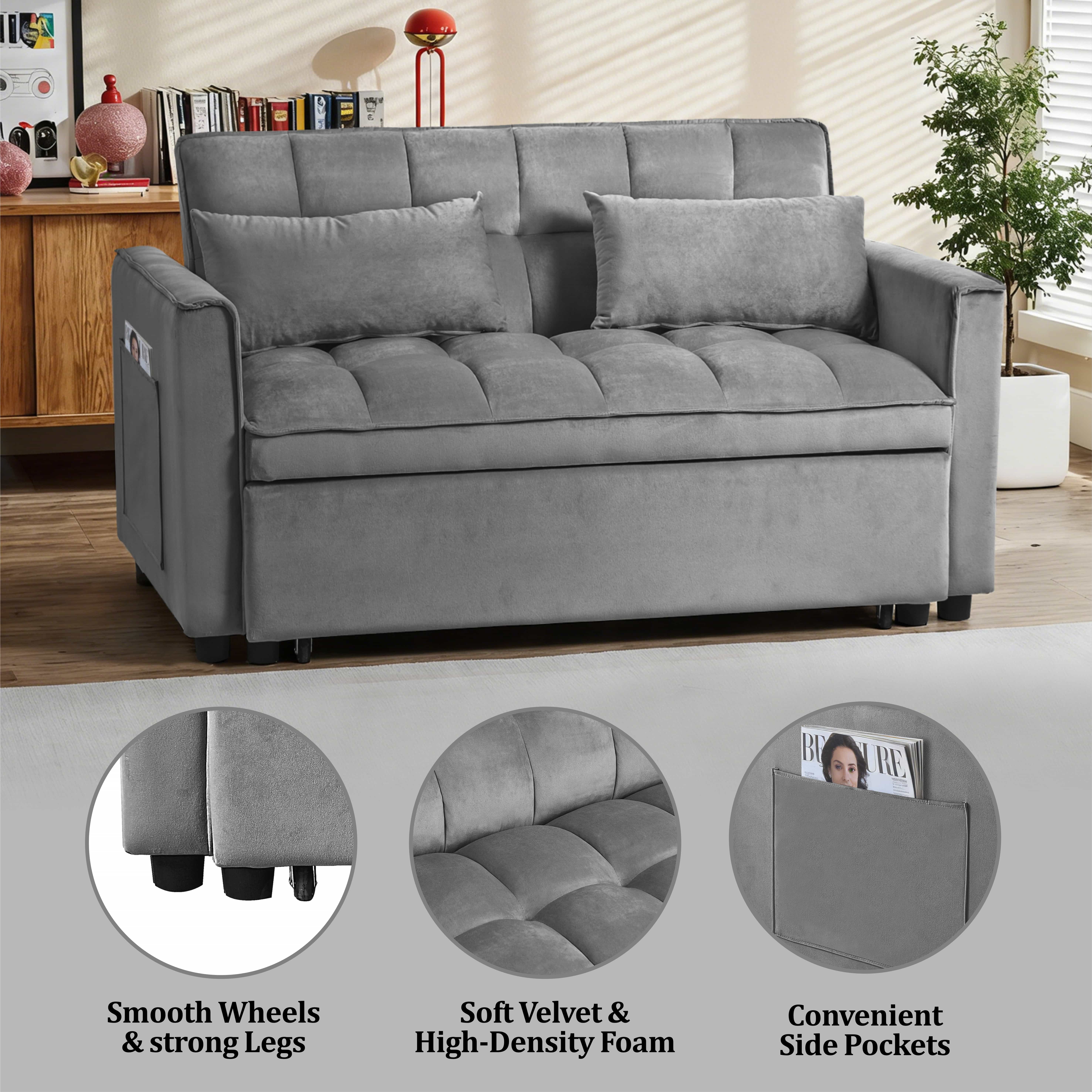 BSHTI 3 in 1 Modern Velvet Loveseat Sofa Bed-3-Position Adjustable Convertible Sleeper, Side Storage Pockets, Square Tufted, Easy Assembly, for Small Space Apartment,Medium Gray