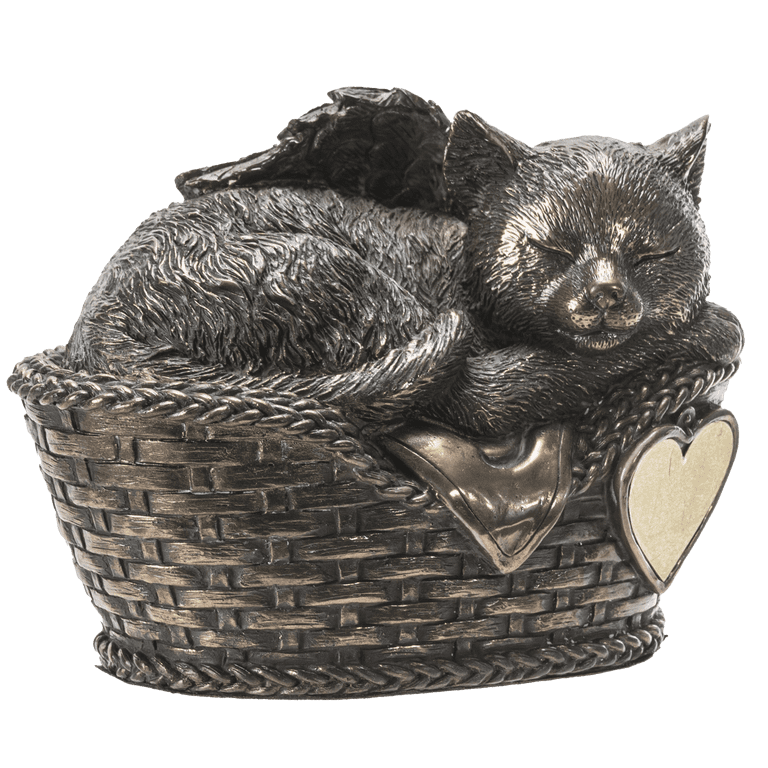 Pet Memorial Angel Cat Sleeping in Basket Cremation Urn Bronze Finish  Bottom Load 30 Cubic Inch 