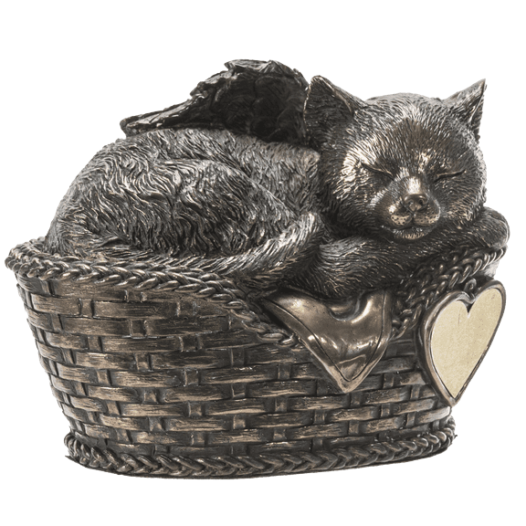 Pet Memorial Angel Cat Sleeping in Basket Cremation Urn Bronze Finish Bottom Load 30 Cubic Inch