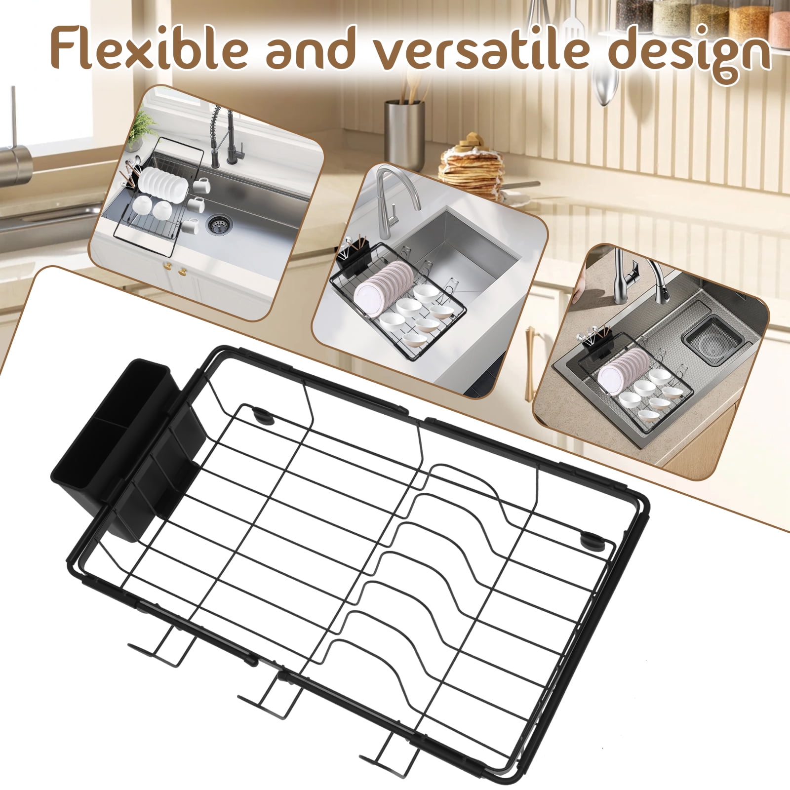 FKSZLL Expandable Dish Drying Rack in Sink Carbon Steel Dish Drain Rack Over Sink, Sink Dish Drainer for Kitchen Counter with Cutlery Holder, 16"~24.4" x 12.8" x 3.9"