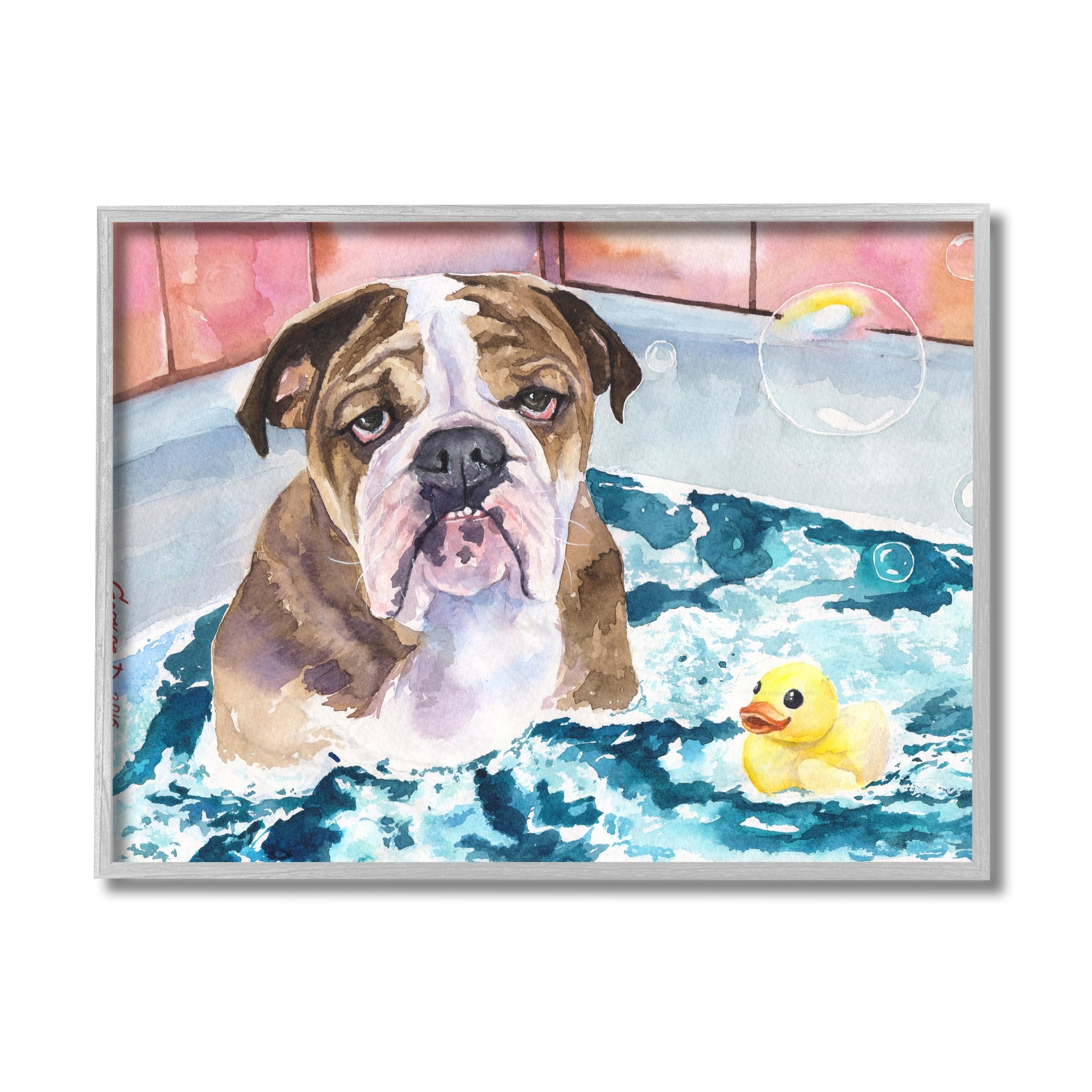 Stupell Industries English Bulldog In Bathtub Rubber Duck Bubbles Grey Framed, 16 x 20, Design by George Dyachenko