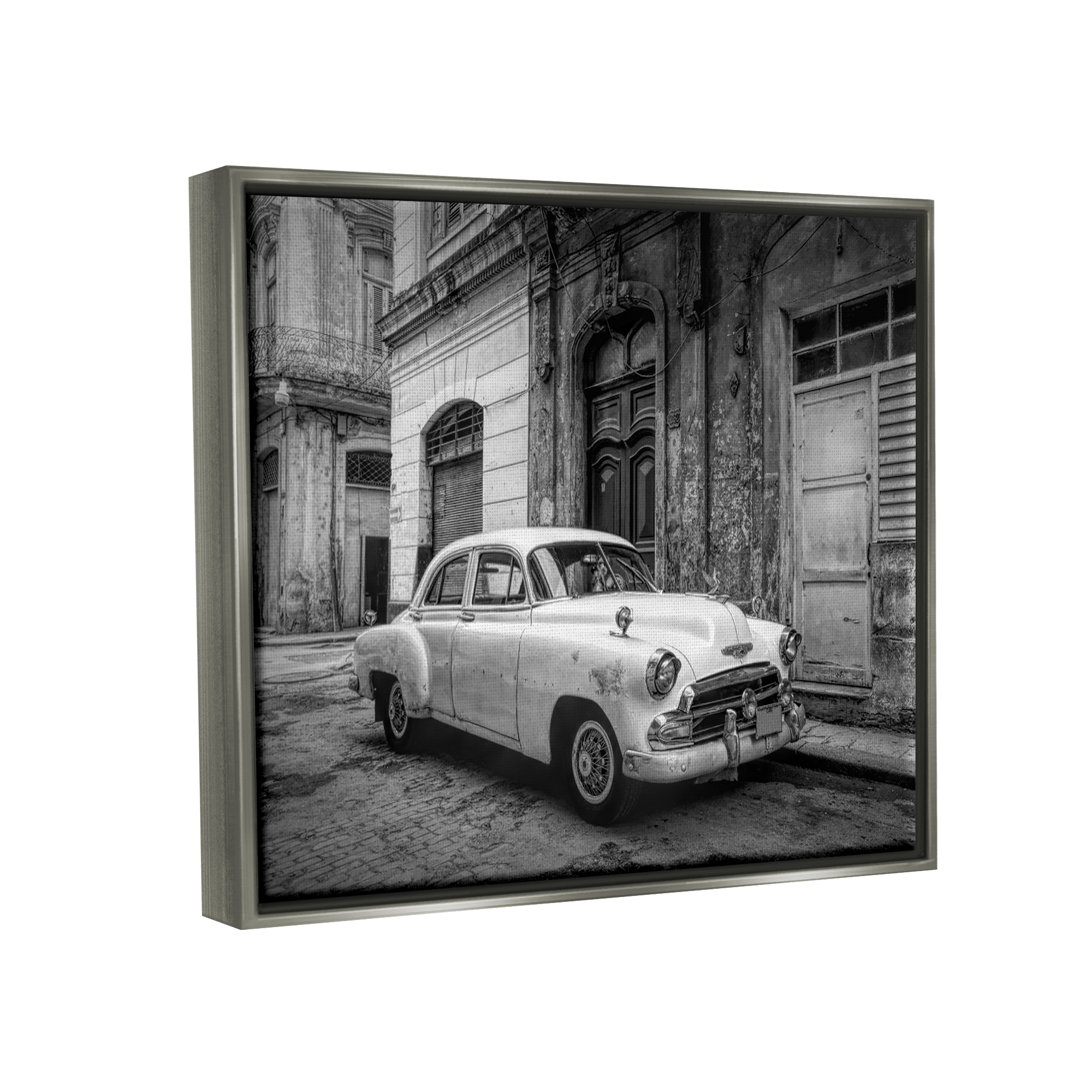 Stupell Industries Antique Car in City Transportation Photography Gray Floater Framed Art Print Wall Art, 31 x 25