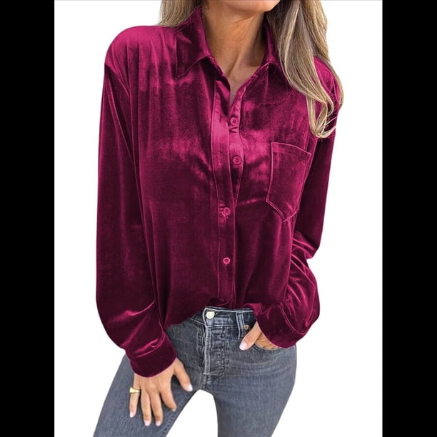 Camisetas Casuales de Larga con Botones de Terciopelo de Invierno para Mujer Rojo Vino L