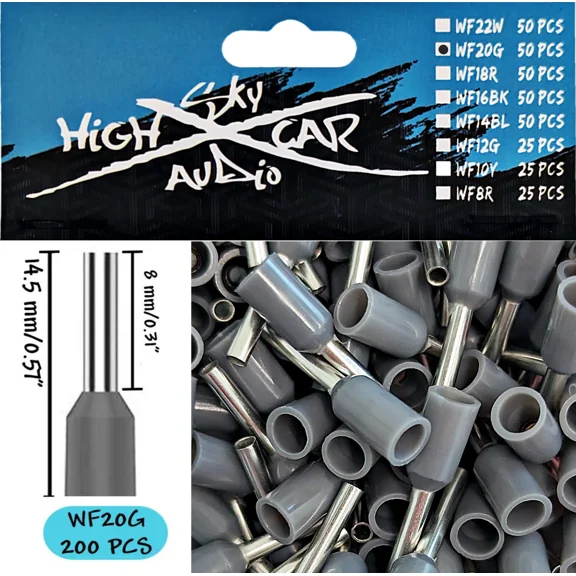 Sky High Car Audio Insulated Aluminum Wire Ferrules 20 Gauge 50 Pieces - Gray