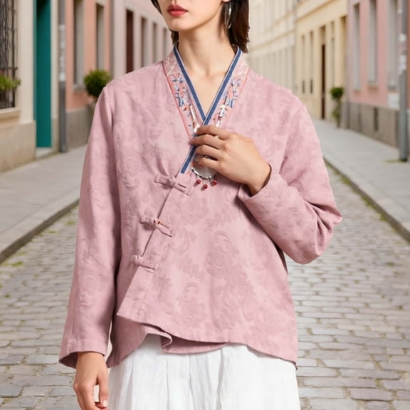 Jacket for Women V Neck Long Sleeve Vintage Ethnic Style Frog Button Closure Embroidered Trim Loose Fit Casual Outerwear