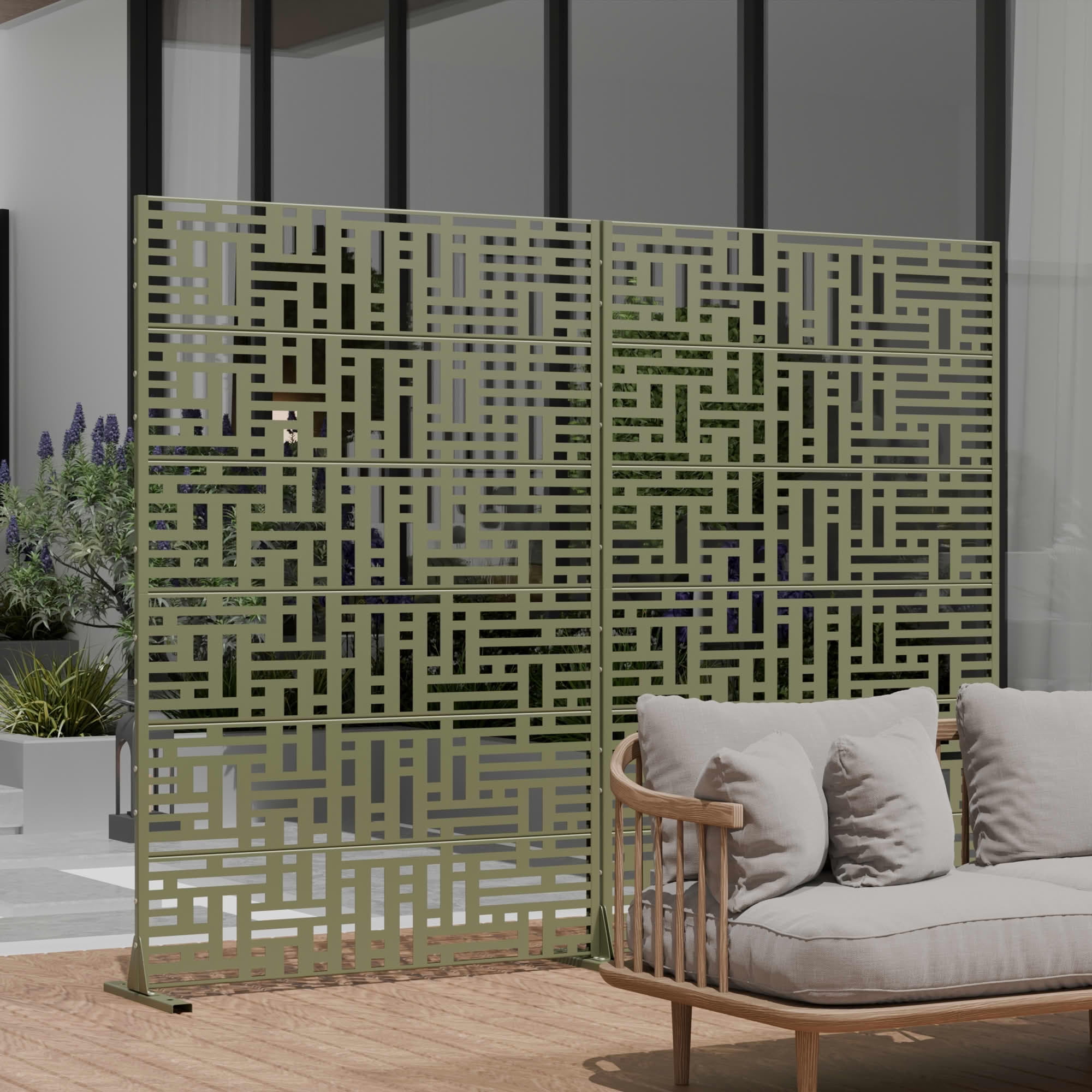 MAYEERTY 72"x47" Decorative Privacy Screen, 6-Panel Gray Olive Street Cutout Galvanized Steel Fence, Weather Resistant for Deck Balcony