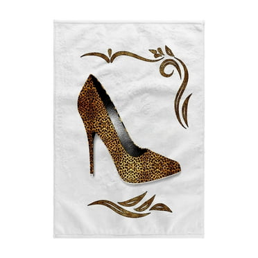 3dRose, Flirty Golden Cheetah Print High Heeled Stiletto with Swirls on White, 15x22 Hand Towel